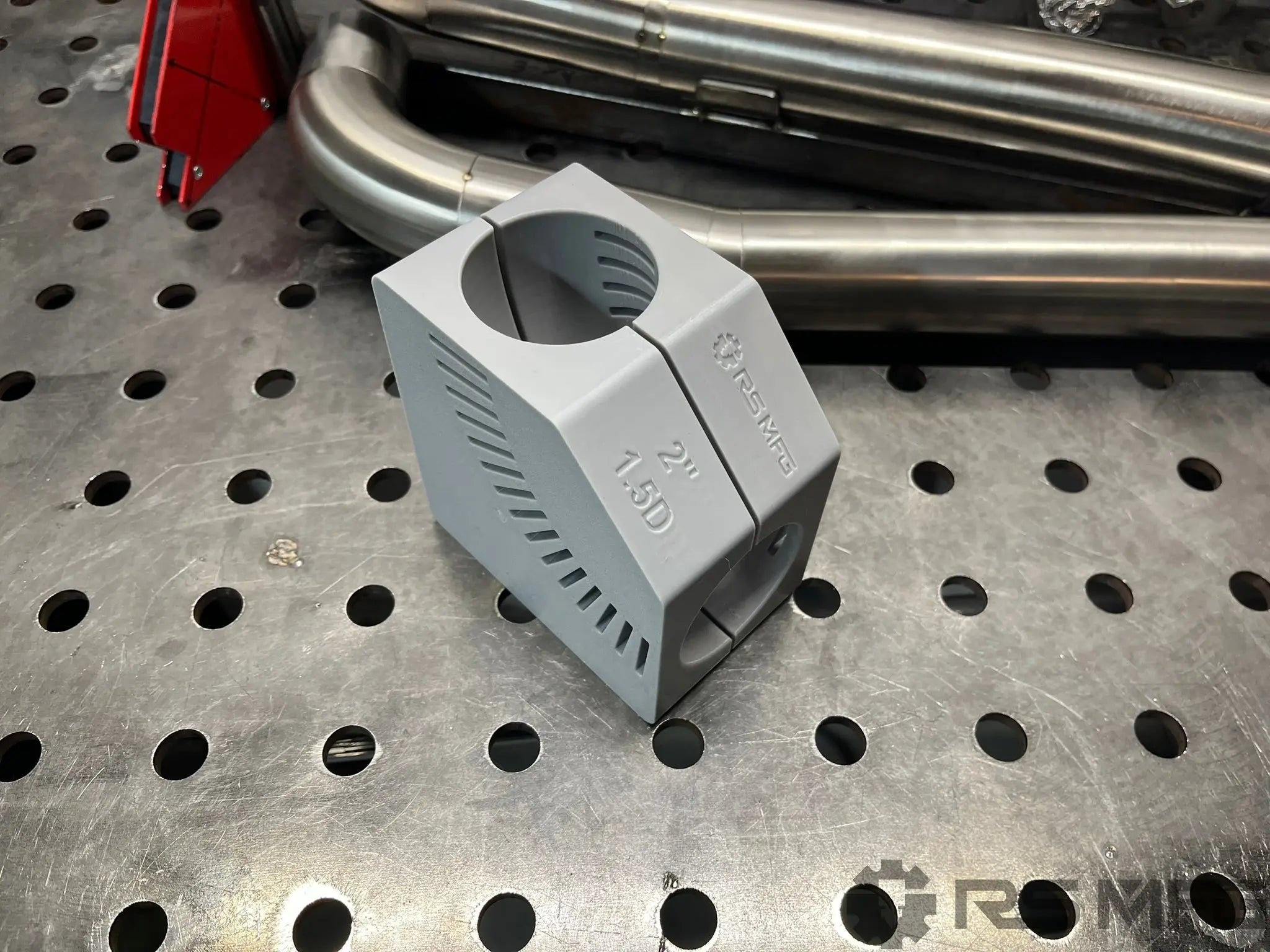 3d printed mandrel 90 cutting jig on welding table