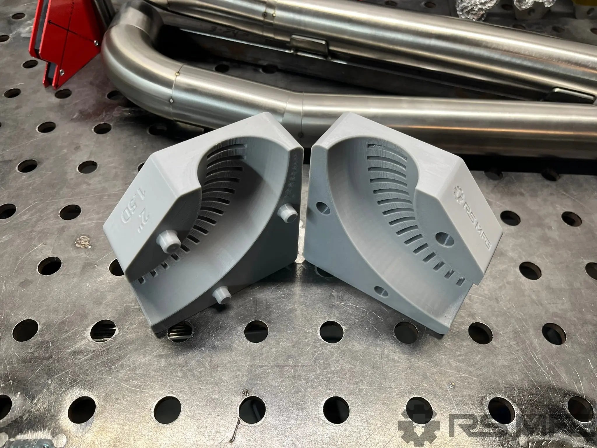 3d printed mandrel 90 degree cutting jig on welding table