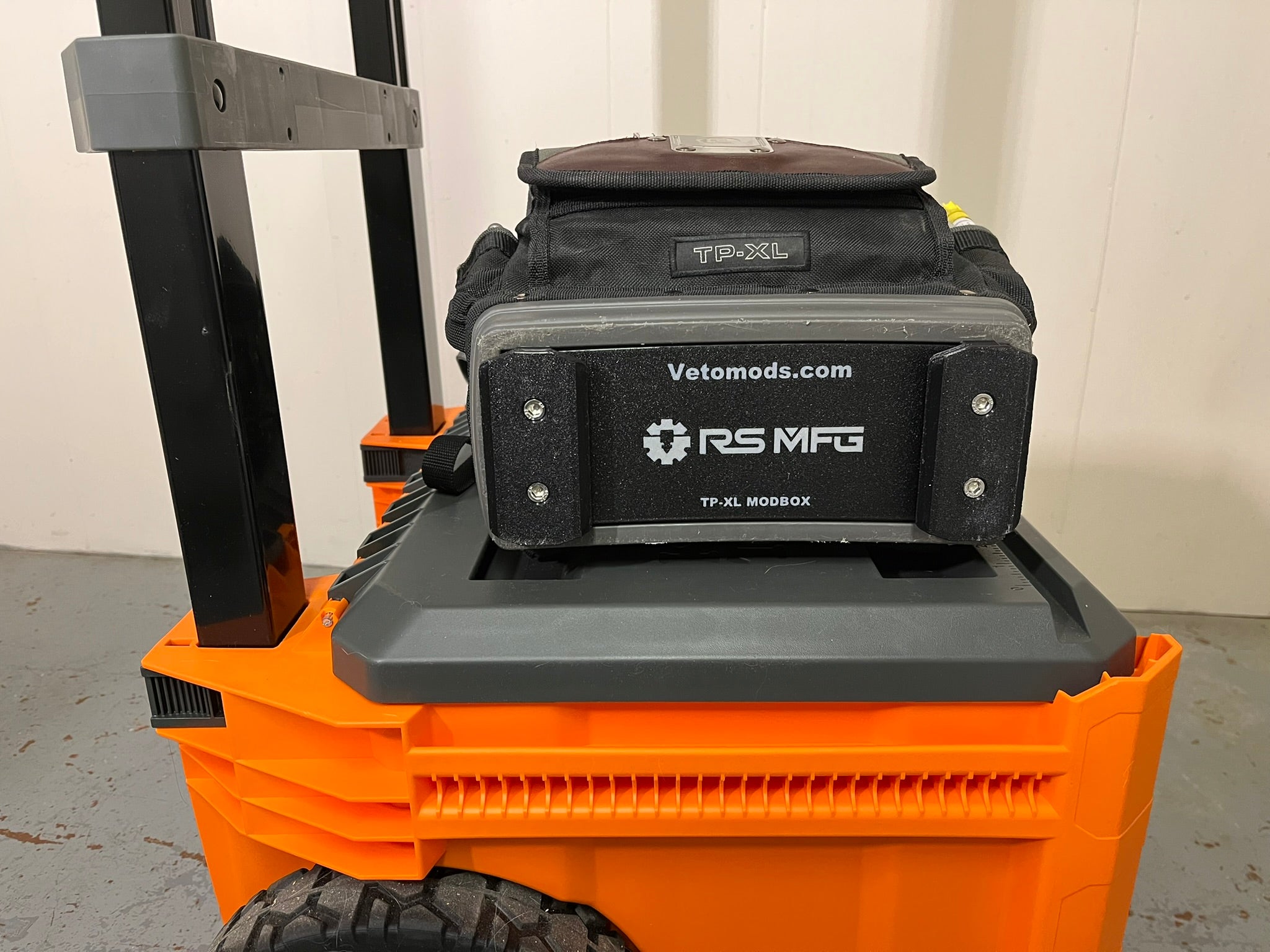 Orange and black klein tools toolbox with Vetomods.com and RS MFG branding on a white background
