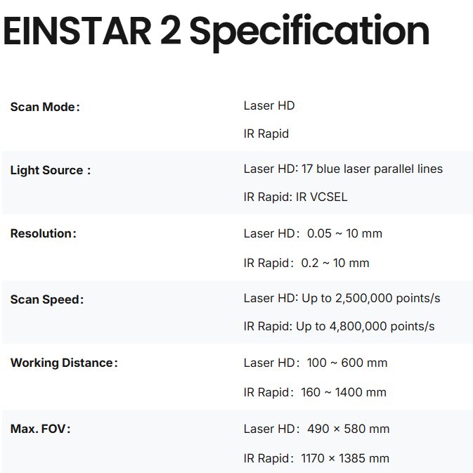 EINSTER 2 Specification table with various technical details on a white background